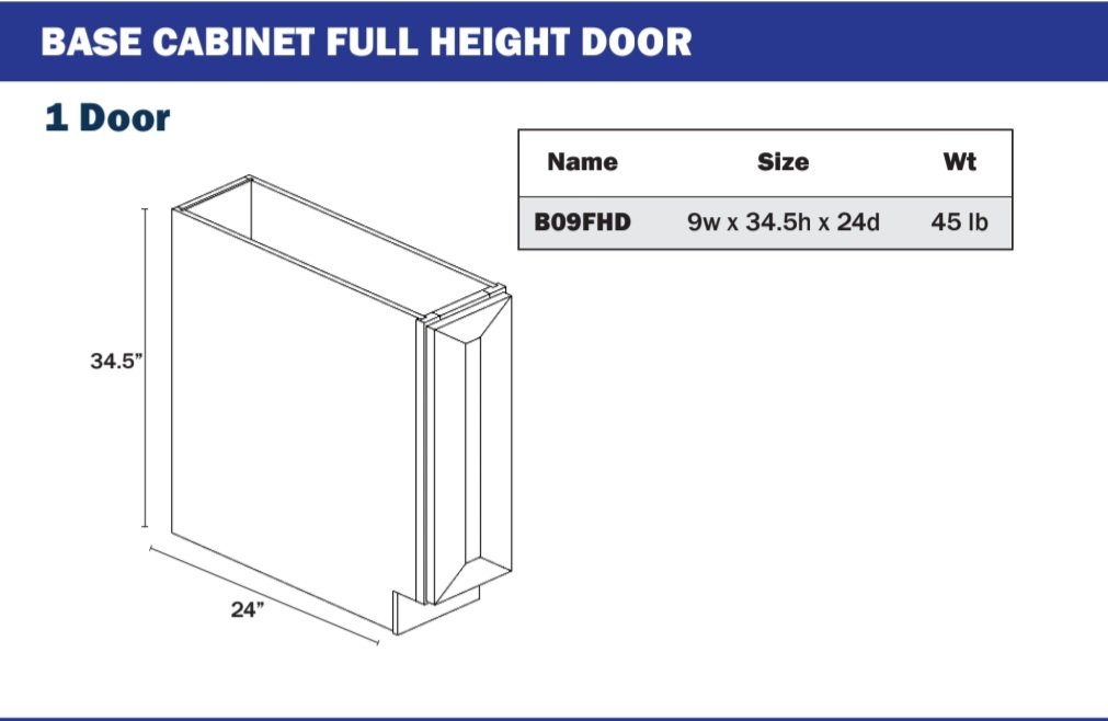 Base Cabinet - 1 Full Height Door 9” or 2 Full Height Doors 24” no drawers