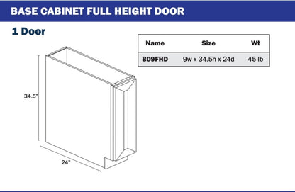Base Cabinet - 1 Full Height Door 9” or 2 Full Height Doors 24” no drawers