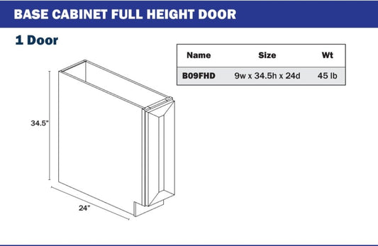 Base Cabinet - 1 Full Height Door 9” or 2 Full Height Doors 24” no drawers