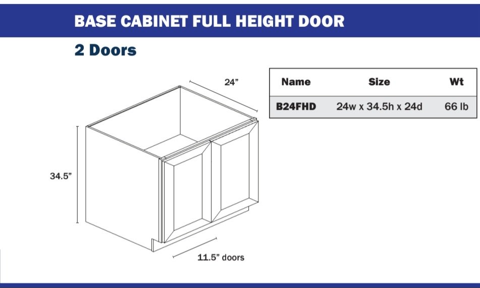 Base Cabinet - 1 Full Height Door 9” or 2 Full Height Doors 24” no drawers
