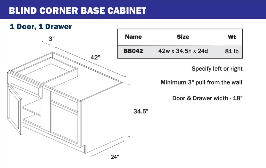 Base Cabinet - Blind Corner - 1 Door, 1 Drawer
