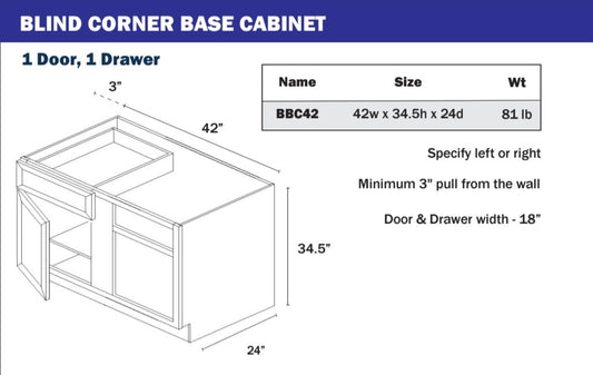 Base Cabinet - Blind Corner - 1 Door, 1 Drawer