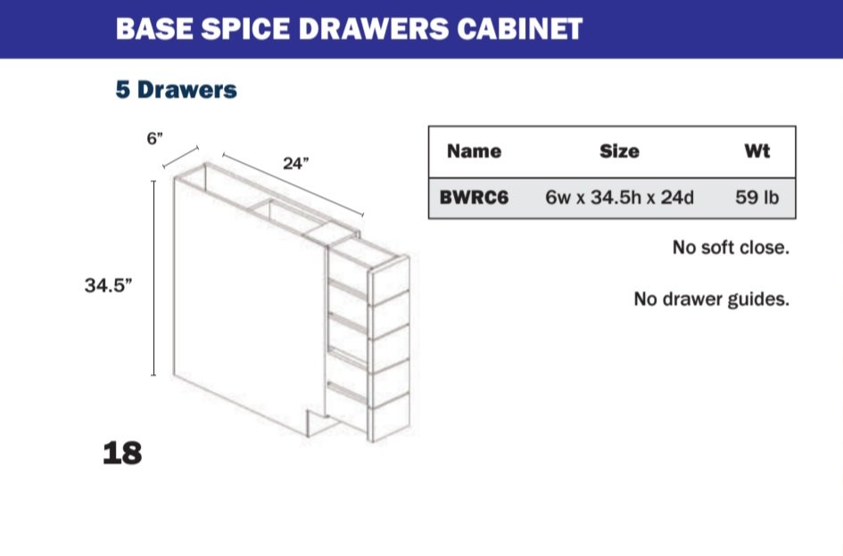 Base Cabinet - Spice Drawer Cabinet, 5 Drawers