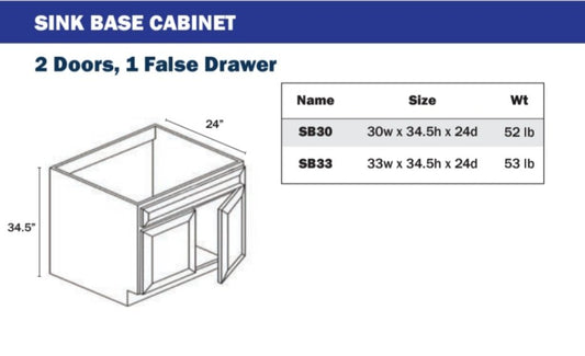 Sink Base Cabinet - 30-33: 2 Doors, 1 False drawer fronts. 36-42: 2 doors, 2 False drawer fronts