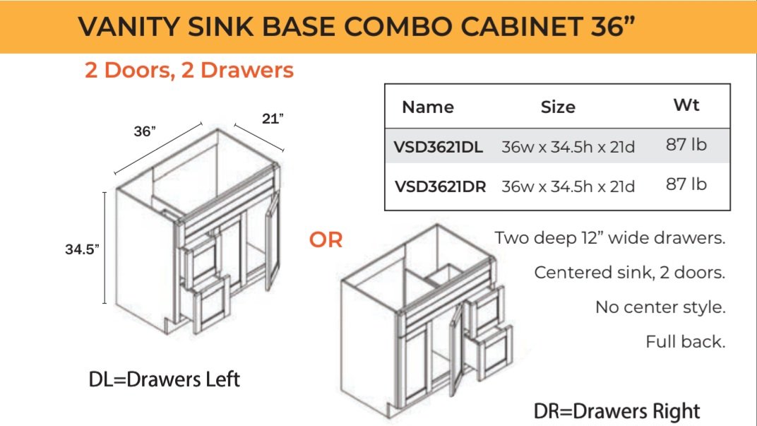 Base Cabinet - Vanity Sink Base - 2 Doors, 1 False Front, 2 Drawers Right