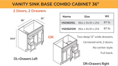 Base Cabinet - Vanity Sink Base - 2 Doors, 1 False Front, 2 Drawers Right