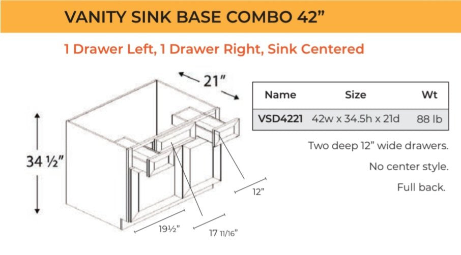 Base Cabinet - Vanity Sink Base - 2 Doors, 1 False Front, 2 Drawers, Sink Centered